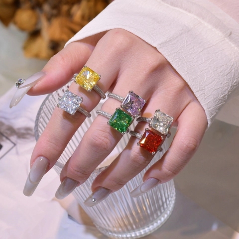 925 Sterling Silver Radiant Cut Square Rhinestone Ring For Women Luxury Radiant Padparadscha Red Green Yellow Pink Ring Jewelry