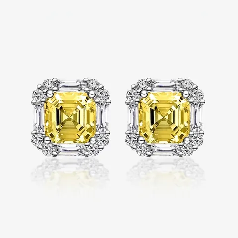 925 Sterling Silver Radiant Cut Square Yellow Rhinestone Stud Earrings Luxury Halo Geometric Fashion Jewelry For Women