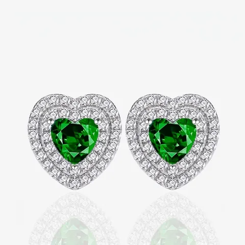 Pendientes de Botón de Gema Verde de Corazón de Lujo Con Poste de Plata de Ley 925 Doble Halo Joyería de Strass para Mujer