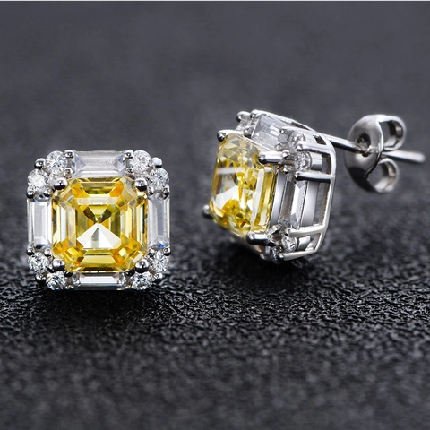 925 Sterling Silver Radiant Cut Square Yellow Rhinestone Stud Earrings Luxury Halo Geometric Fashion Jewelry For Women