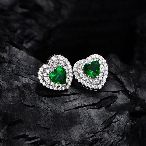 Pendientes de Botón de Gema Verde de Corazón de Lujo Con Poste de Plata de Ley 925 Doble Halo Joyería de Strass para Mujer