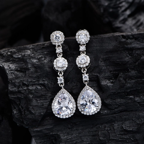 Elegant 925 Sterling Silver Pear Cut Drop Earrings Luxury Zirconia Tassel Dangle Earrings For Wedding Party Women Jewelry
