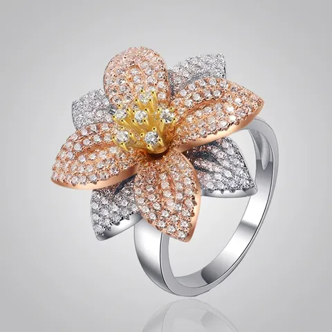 Lussuoso Anello in Argento Sterling S925 Tricolore a Forma di Fiore per Donna Elegante Micro Pavé Zirconia Grande Gioielli