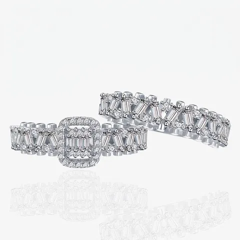 925 Sterling Silver Luxury Baguette Cut Zirconia Halo Ring Set For Women Two Piece Stackable Wedding Engagement Finger Rings