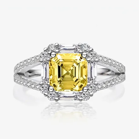 Luxury 925 Sterling Silver Yellow Asscher Cut Ring For Women Square Radiant Halo Rhinestone Inlaid Split Shank Wedding Jewelry