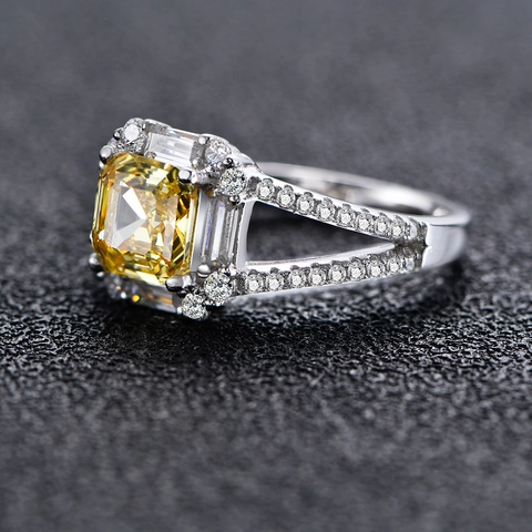 Luxury 925 Sterling Silver Yellow Asscher Cut Ring For Women Square Radiant Halo Rhinestone Inlaid Split Shank Wedding Jewelry