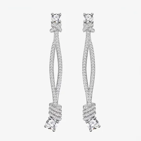 925 Sterling Silver Long Knot Dangle Earrings For Women Luxury Full Rhinestone Tassel Drop Earrings Elegant Wedding Party Jewelry