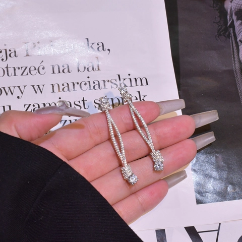 925 Sterling Silver Long Knot Dangle Earrings For Women Luxury Full Rhinestone Tassel Drop Earrings Elegant Wedding Party Jewelry