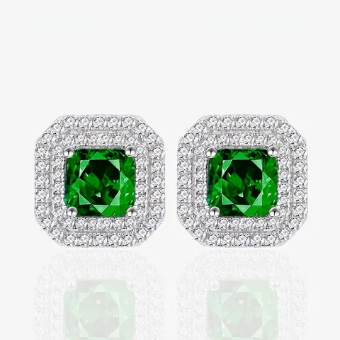 Luxury Square Artificial Emerald Stud Earrings 925 Sterling Silver Post Micro Pave Rhinestone Halo Jewelry For Women