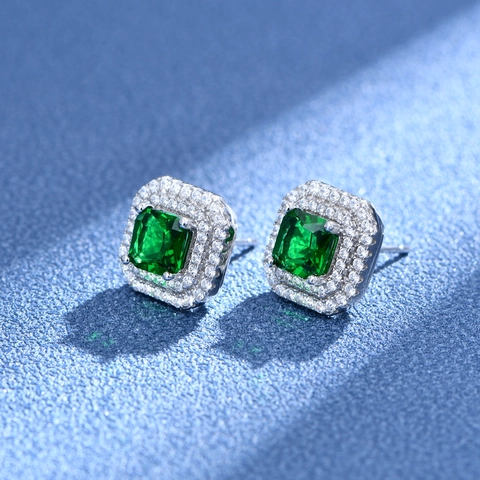 Luxury Square Artificial Emerald Stud Earrings 925 Sterling Silver Post Micro Pave Rhinestone Halo Jewelry For Women