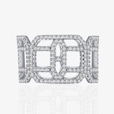 S925 Argento Sterling Largo Anello Geometrico Svuotato Reticolo Micro Intarsiato Zirconia Gioielli di Moda Regalo per Donne