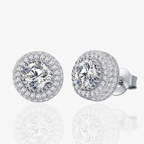 Eleganti Orecchini a Bottone Tondi a Doppio Halo in Argento Sterling 925 Lucidi con Micro Pavé di Strass Gioielli da Donna