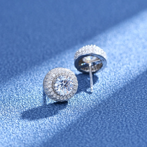 Eleganti Orecchini a Bottone Tondi a Doppio Halo in Argento Sterling 925 Lucidi con Micro Pavé di Strass Gioielli da Donna