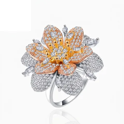 Lussuoso Anello a Fiore in Argento Sterling 925 per Donna Tricolore Micro Pavé Zirconia Grande Anello da Cocktail Gioielli