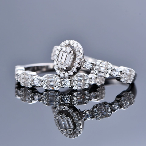 Luxury 925 Sterling Silver Oval Halo Ring Set For Women Vintage Emerald Cut Rhinestone Pave Wedding Engagement Finger Ring Jewelry