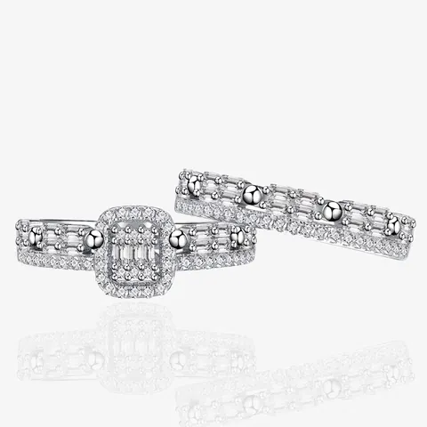Luxus 925 Sterlingsilber Zirkonia Ring Set Für Damen Geometrisch Rechteckig Halo Verlobung Hochzeit Band Mode Schichtung Schmuck