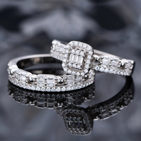 Luxus 925 Sterlingsilber Zirkonia Ring Set Für Damen Geometrisch Rechteckig Halo Verlobung Hochzeit Band Mode Schichtung Schmuck