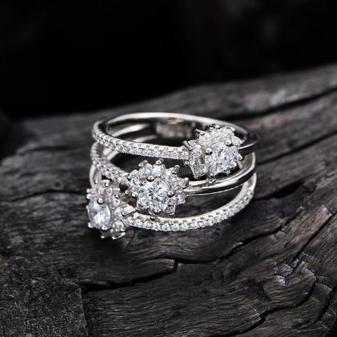 Anillo de Copo de Nieve de Tres Capas de Plata de Ley 925 Circonia Brillante Micro Incrustado Anillo de Declaración Joyería de Moda Mujer