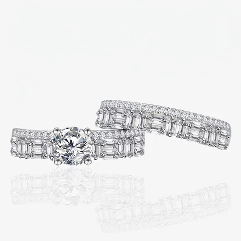 925 Sterling Silver Engagement Ring And Pave Band For Women Round Cut Rhinestone Baguette Cut Geometric Fashion Rings Jewelry