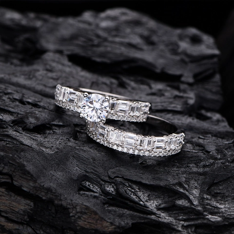 925 Sterling Silver Engagement Ring And Pave Band For Women Round Cut Rhinestone Baguette Cut Geometric Fashion Rings Jewelry