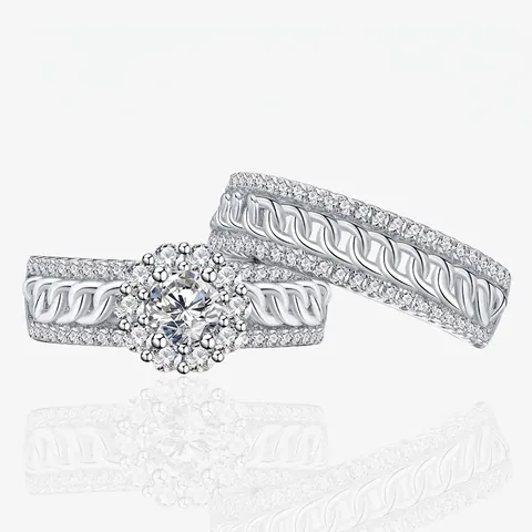 S925 Argent Sterling Bague Ensemble pour Femmes Rond Zirconia Halo Bague Fiançailles Chaîne de Gourmette Pavé Bijoux Mariage