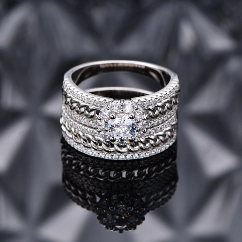 S925 Argent Sterling Bague Ensemble pour Femmes Rond Zirconia Halo Bague Fiançailles Chaîne de Gourmette Pavé Bijoux Mariage