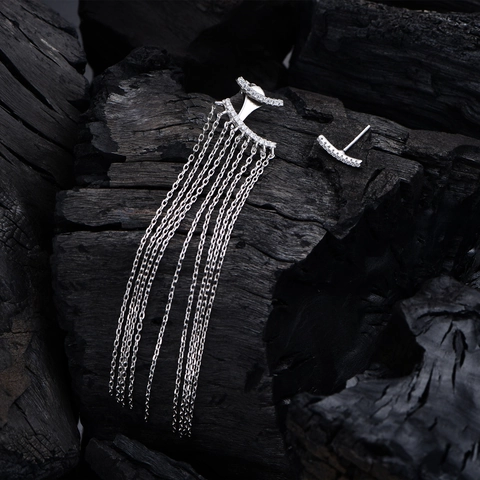 925 Sterlingsilber Asymmetrische Lange Quaste Ohrstecker Für Damen Glänzende Strass Eingelegt Mode Schmuck Party Geschenk