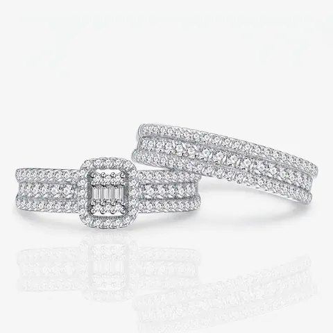 Luxuriöses 925 Sterlingsilber Geometrisches Stapelbares Ring-Set Für Damen Voller Strass Eingelegt Doppelschicht Hochzeitsschmuck
