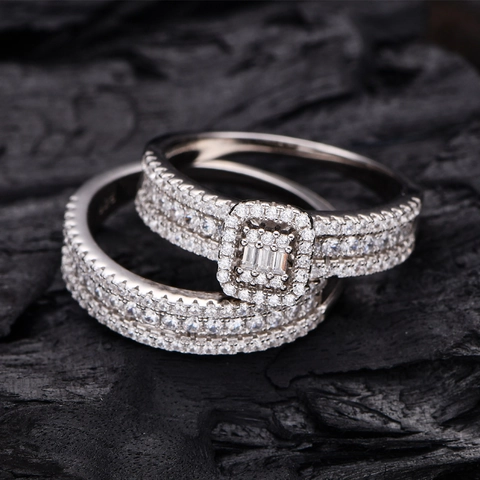 Luxuriöses 925 Sterlingsilber Geometrisches Stapelbares Ring-Set Für Damen Voller Strass Eingelegt Doppelschicht Hochzeitsschmuck