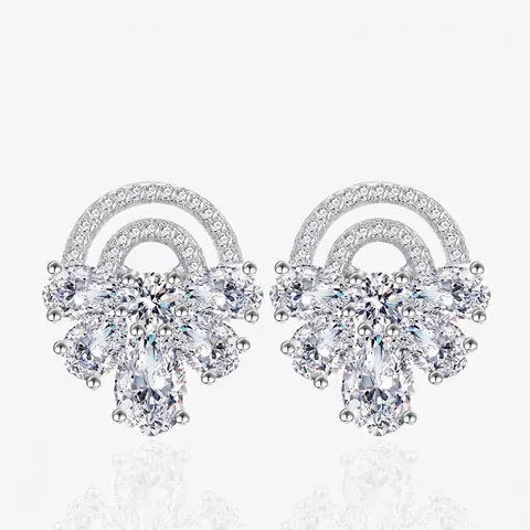 925 Sterling Silver Stud Earrings For Women Semi Circular Arc Fan Shaped Zirconia Inlaid Luxury Elegant Shiny Jewelry Earring
