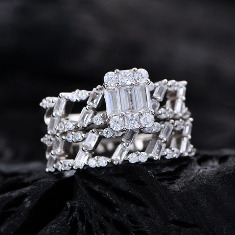 Luxury 925 Sterling Silver Zirconia Stackable Ring Set For Women Emerald Cut Geometric Electroplated Jewelry Rings