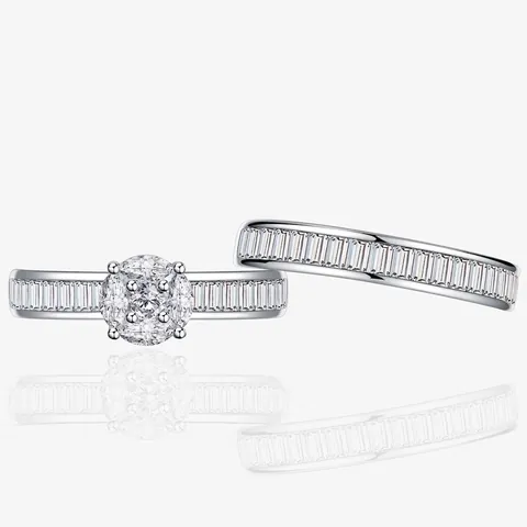 S925 Sterling Silver Halo Ring And Baguette Band Zirconia Stackable Wedding Rings For Women Elegant Finger Jewelry