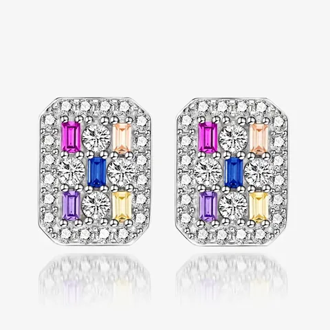 925 Argento Sterling Rettangolare Orecchini a Bottone Multicolore Zirconia Geometrico Intarsiato Gioielli di Moda Regalo per Donna