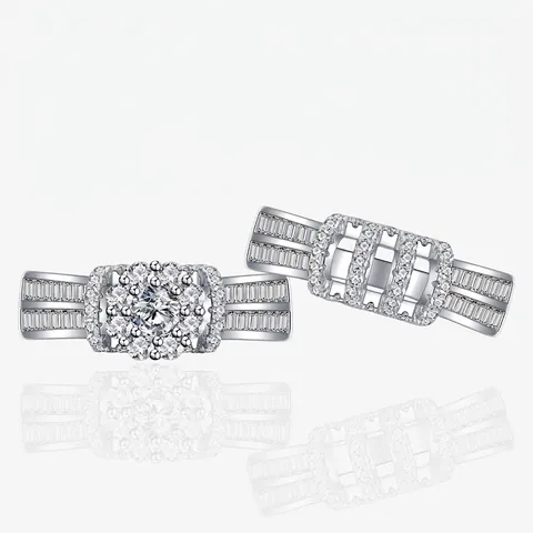 Juego de Anillos de Plata de Ley 925 Flor Calada para Mujer Moda Circonia Micro-pavé Anillo de Boda Joyería Regalo
