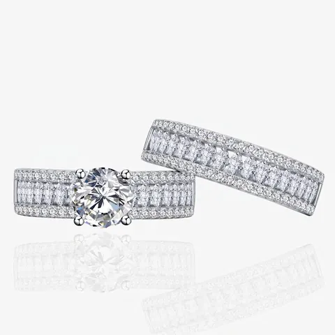 Luxury 925 Sterling Silver Ring Set For Women Marquise Round Zirconia Inlaid Two-Piece Wedding Engagement Stackable Bands