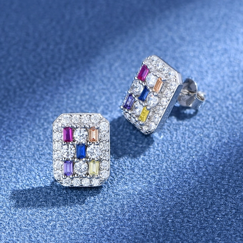 925 Argento Sterling Rettangolare Orecchini a Bottone Multicolore Zirconia Geometrico Intarsiato Gioielli di Moda Regalo per Donna