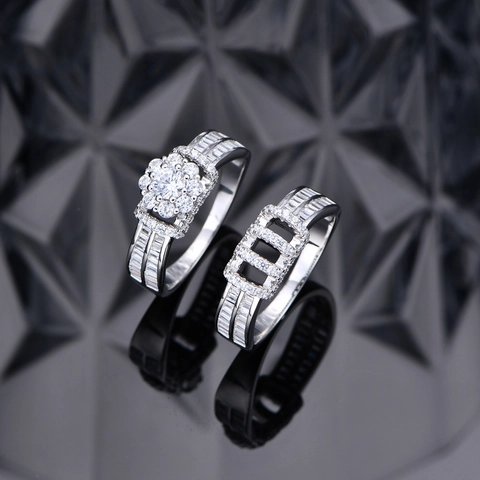 Juego de Anillos de Plata de Ley 925 Flor Calada para Mujer Moda Circonia Micro-pavé Anillo de Boda Joyería Regalo