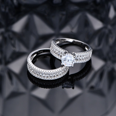 Luxury 925 Sterling Silver Ring Set For Women Marquise Round Zirconia Inlaid Two-Piece Wedding Engagement Stackable Bands