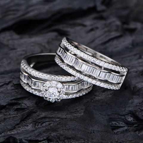 Bagues de Combinaison en Argent Sterling 925 Avec Zirconia à Ondes Pour Femmes Taille Baguette Micro-incrusté Bijoux Mariage