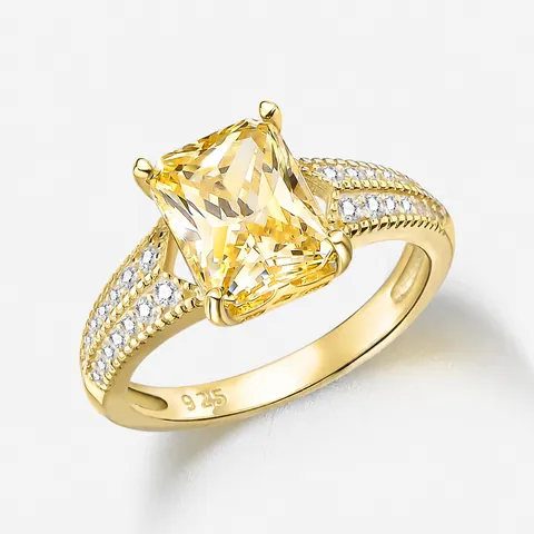 Luxury 925 Sterling Silver Radiant Cut Rectangular Yellow Rhinestone Ring Electroplated 14K Gold Micro Pave Finger Ring Women Party Jewelry