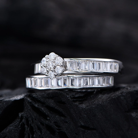 925 Sterling Silver Cluster Zirconia Rings Geometric Baguette Cut Stacking Jewelry For Women Wedding Bridal Jewelry