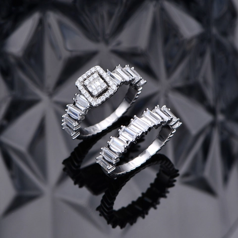 S925 Sterling Silver Geometric Zirconia Double Stackable Rings Baguette Cut Wedding Jewelry Engagement Ring for Women
