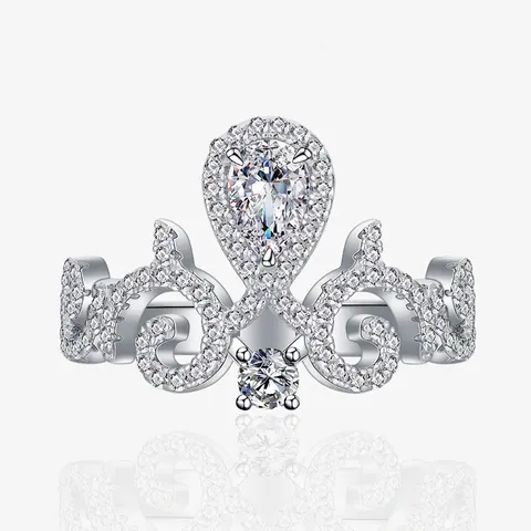 Anello Tiara a Corona in Argento Sterling 925 per Donna Lussuoso Zirconia Taglio a Pera Micro Incastonatura Gioielli per Matrimonio