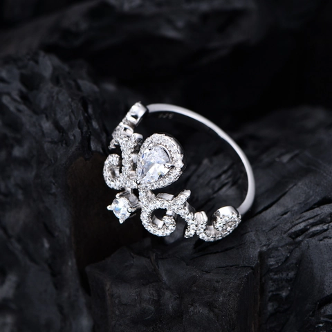 Anello Tiara a Corona in Argento Sterling 925 per Donna Lussuoso Zirconia Taglio a Pera Micro Incastonatura Gioielli per Matrimonio