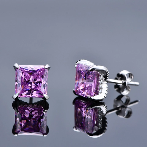 Luxus 925 Sterlingsilber Ohrstecker-Stift Quadratisch Rosenrot Zirkonia Ohrringe Seitliche Mikro-Pavé Steine Damen Schmuck