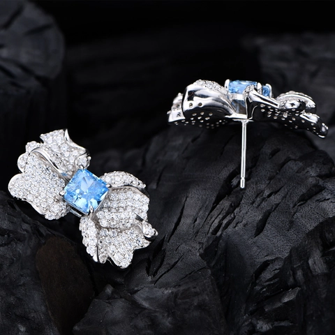 925 Sterling Silber Schmetterling Ohrstecker Bunter Quadratischer Stein Strass Besetzt Elegante Mode Schmuck Für Damen Geschenk
