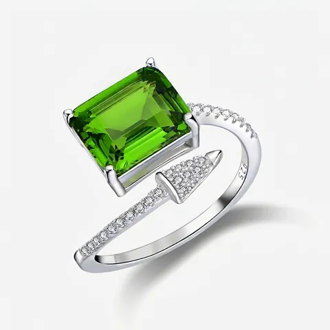 925 Sterling Silver Open Ring For Women Emerald Cut Rectangular Artificial Gemstone Arrow Design Rhinestone Inlaid Fashion Ring