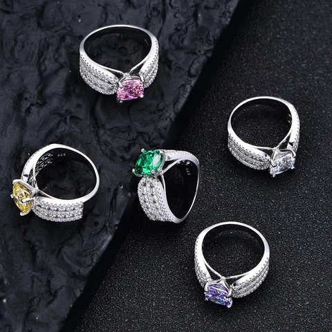 925 Sterling Silver Cushion Cut Ring Luxury Rhinestone Inlaid Jewelry For Engagement Wedding Banquet Party Women Accessory
