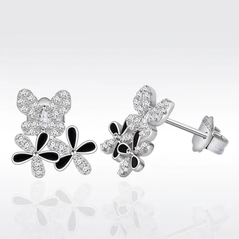 Pendientes de Botón de Plata de Ley S925 Mariposa Flor para Mujer Elegante Lujoso Esmalte Negro Circonia Incrustada Joyería