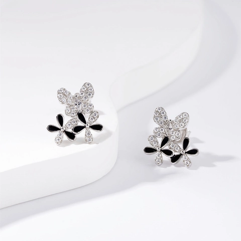 Pendientes de Botón de Plata de Ley S925 Mariposa Flor para Mujer Elegante Lujoso Esmalte Negro Circonia Incrustada Joyería
